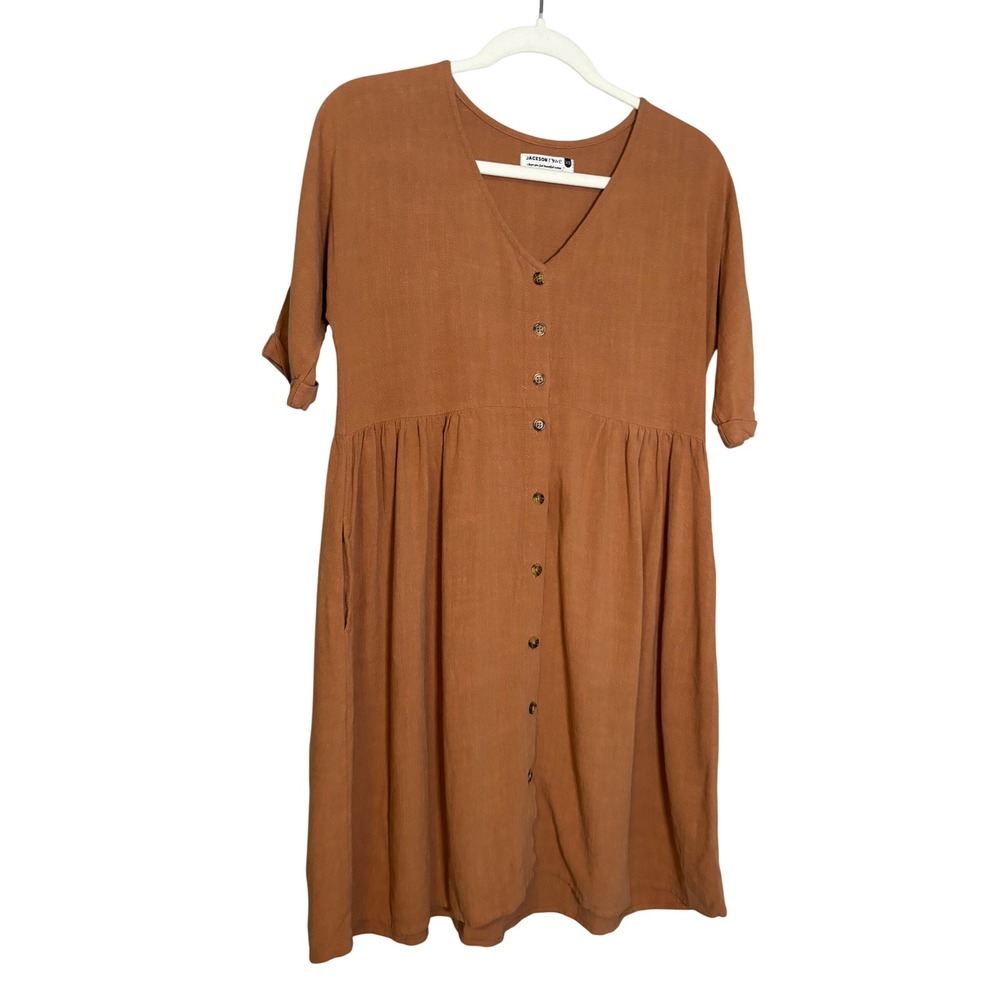 Jackson Rowe Linen Blend Button Front Mini Dress Terracotta Rust XS Pockets